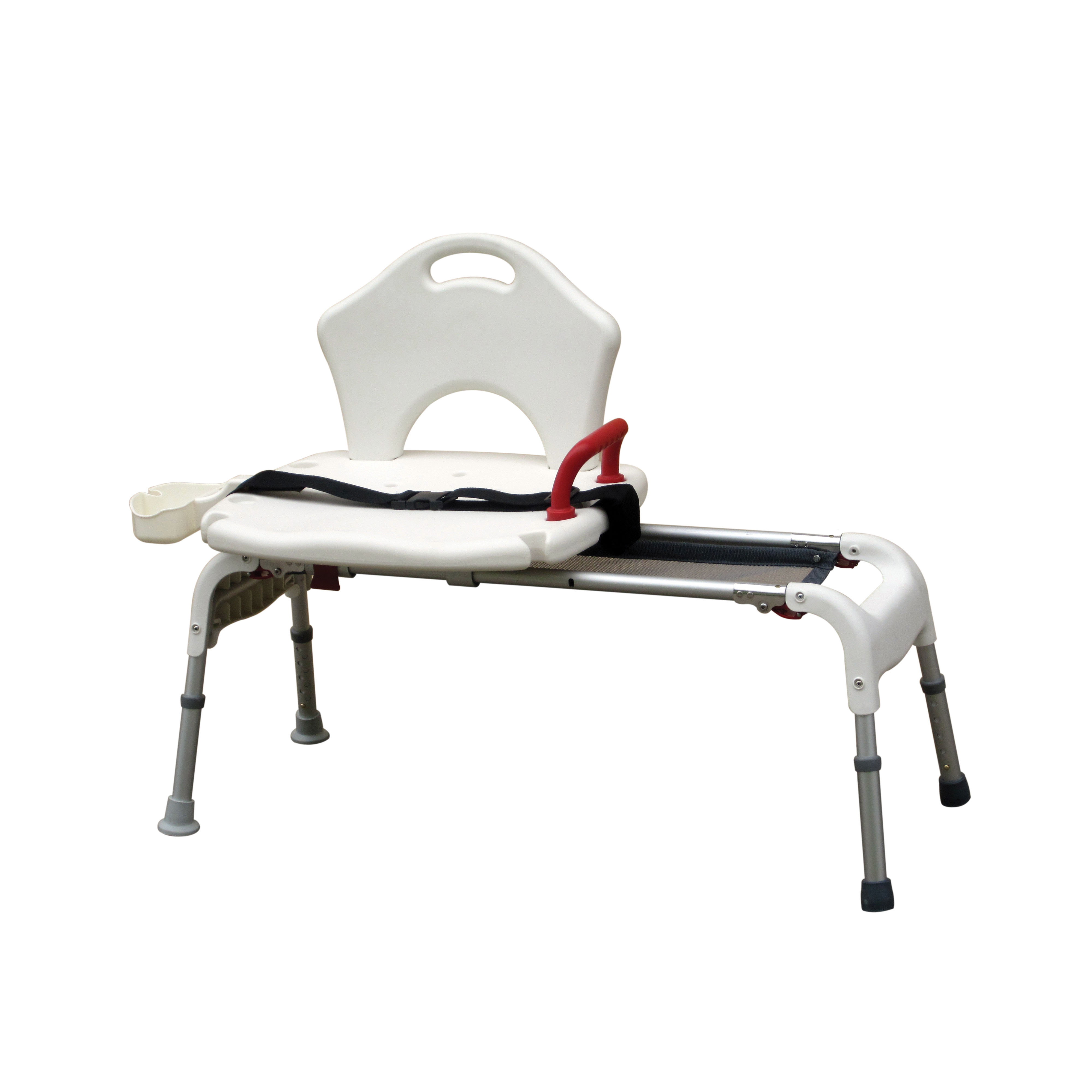 Could you give the dimensions for the drive medical folding universal sliding transfer bench, including its length, width, and slide distance?