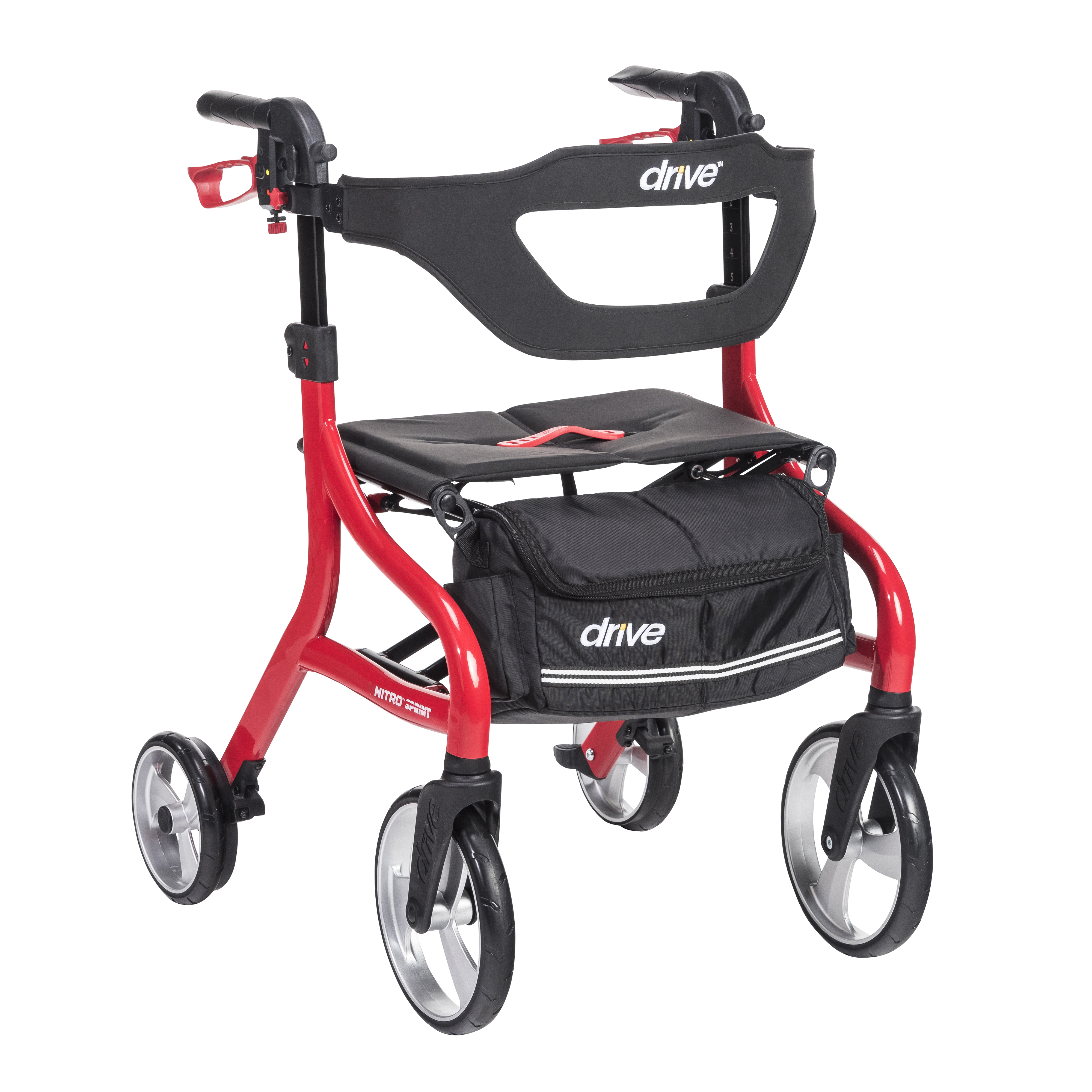 Are the front wheels of the drive nitro sprint rollator attached to struts on both sides, and can the back support be reversed?